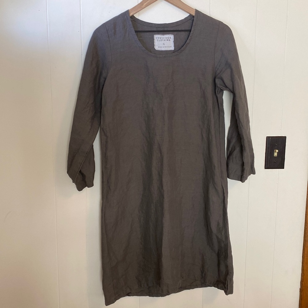 Conscious Clothing | Gray 3/4 Quarter Sleeve Linen Dress